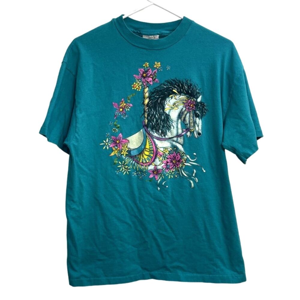 Vintage Single Stitch Carousel Horse Floral Whimsy‎ Romantic Shirt Size L